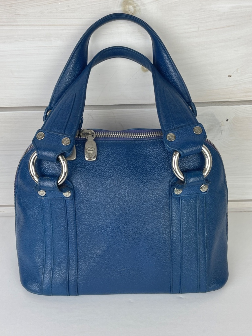 MCM Munchen Blue Leather Boston Handbag Small Silver Hardware - Picture 4 of 9